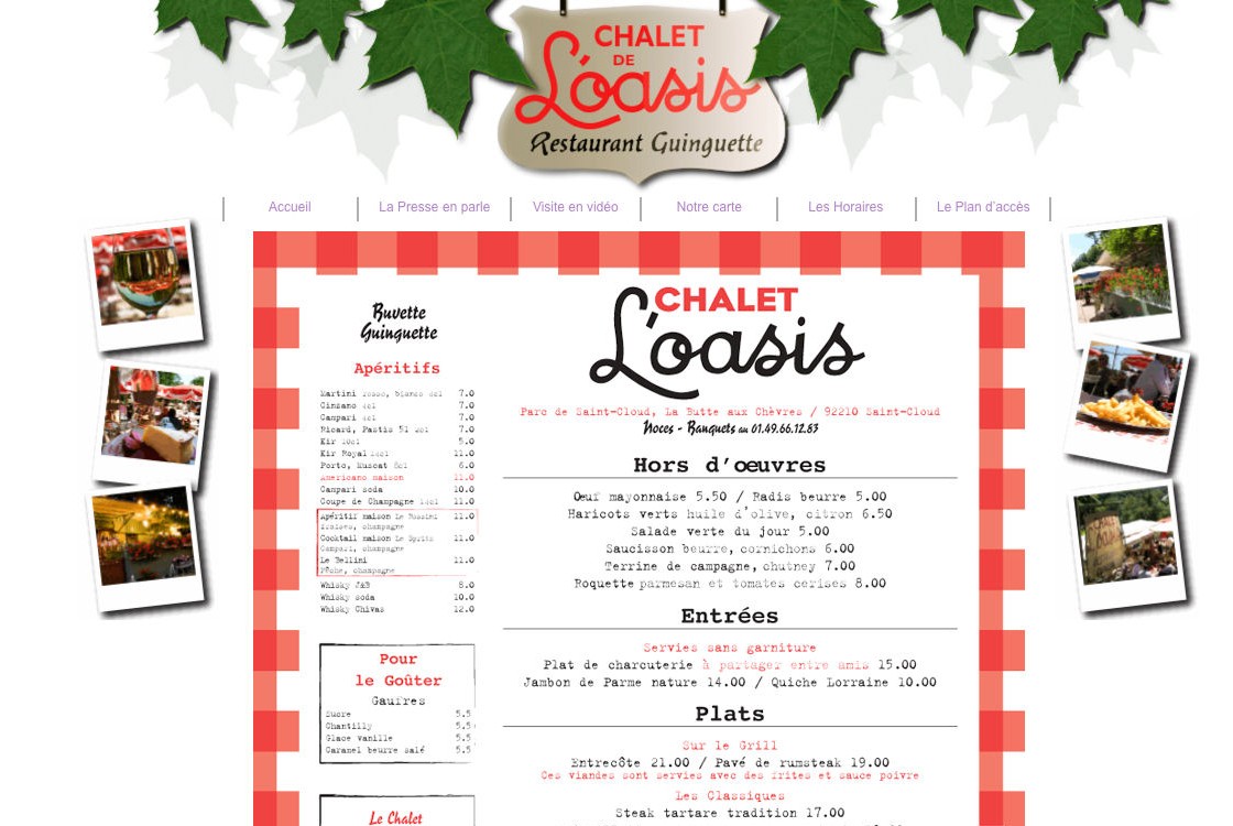 Chalet Oasis -  la page menu