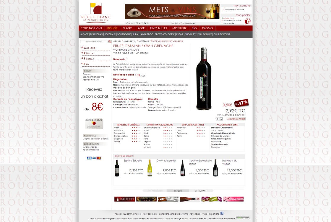 Rouge Blanc - page produit: avec mise en valeur d'un vin.